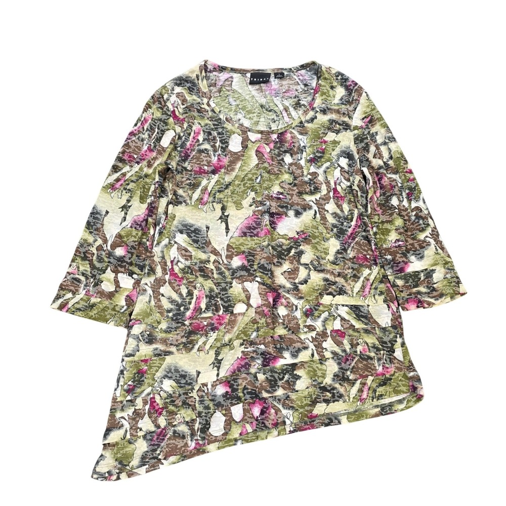 Tribal Abstract Print Asymmetrical Tunic Top Women's Size L Green Sharkbite Hem